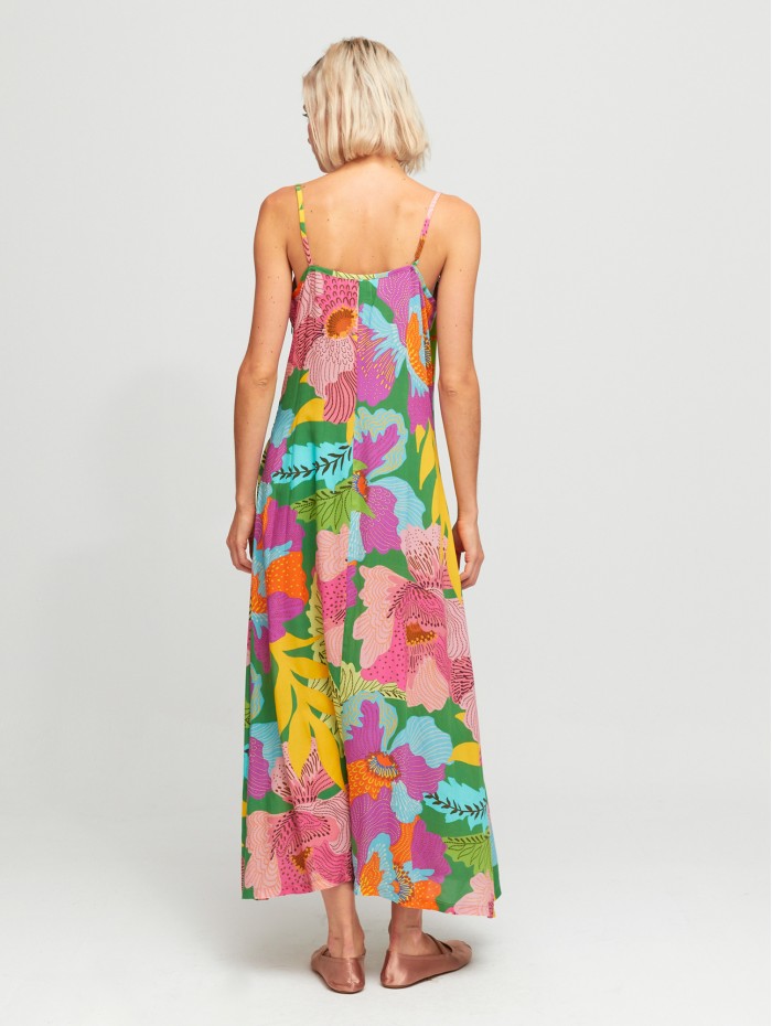 Vestido largo Celine. Colección SS24 Aldo Martins en candelascloset. Estampado floral multicolor en tirantes finos para mujer. 2
