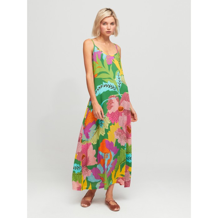 Vestido largo Celine. Colección SS24 Aldo Martins en candelascloset. Estampado floral multicolor en tirantes finos para mujer.