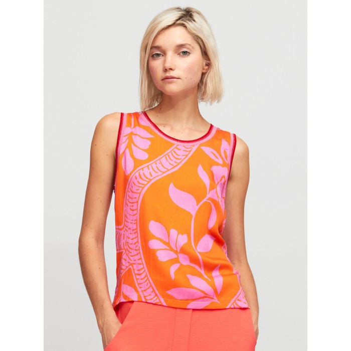 Top Corina. Colección SS24 Aldo Martins en candelascloset. Estampado floral naranja y rosa con tirantes anchos para mujer.