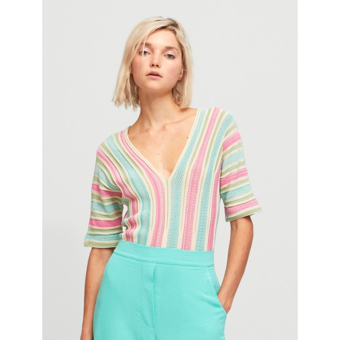 Top de mujer Ocón. Colección SS24 Aldo Martins en candelascloset. Manga corta con detalles multicolor a rayas para mujer.