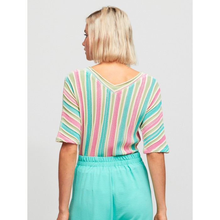 Top de mujer Ocón. Colección SS24 Aldo Martins en candelascloset. Manga corta con detalles multicolor a rayas para mujer.