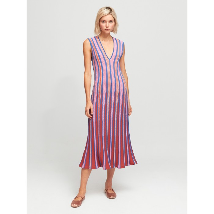 Vestido midi Oden. Colección SS24 Aldo Martins en candelascloset. Tejido de punto a rayas y efecto plisado para mujer.