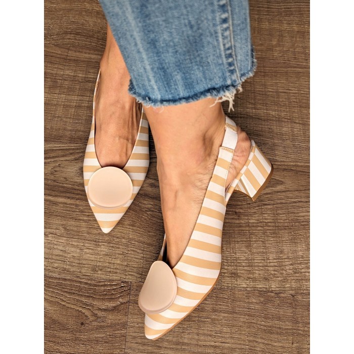 Salón destalonado de mujer Peach Stripes. Calzado SS24 en candelascloset. Piel estampado rayas. Tacón bajo. Made in Spain.