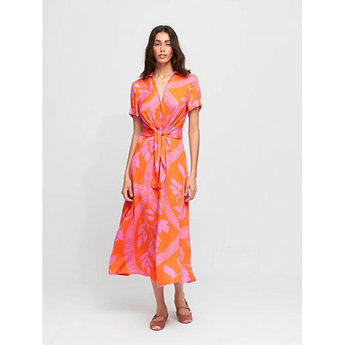 Vestido midi mujer Dione. Colección SS24 Aldo Martins en candelascloset. Tejido estampado floral naranja y rosa y manga corta.