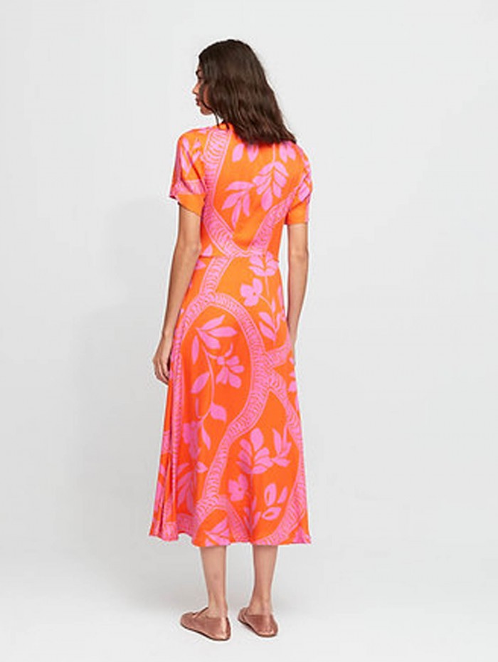 Vestido midi mujer Dione. Colección SS24 Aldo Martins en candelascloset. Tejido estampado floral naranja y rosa y manga corta. 2