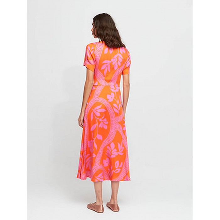 Vestido midi mujer Dione. Colección SS24 Aldo Martins en candelascloset. Tejido estampado floral naranja y rosa y manga corta.