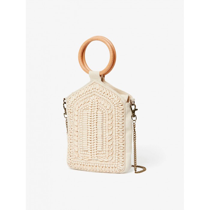 Bolso de mujer Asa. Accesorios SS24 NKN Nekane en candelascloset. Bordado de conchas. Asa madera. Cierre cremallera e imán.