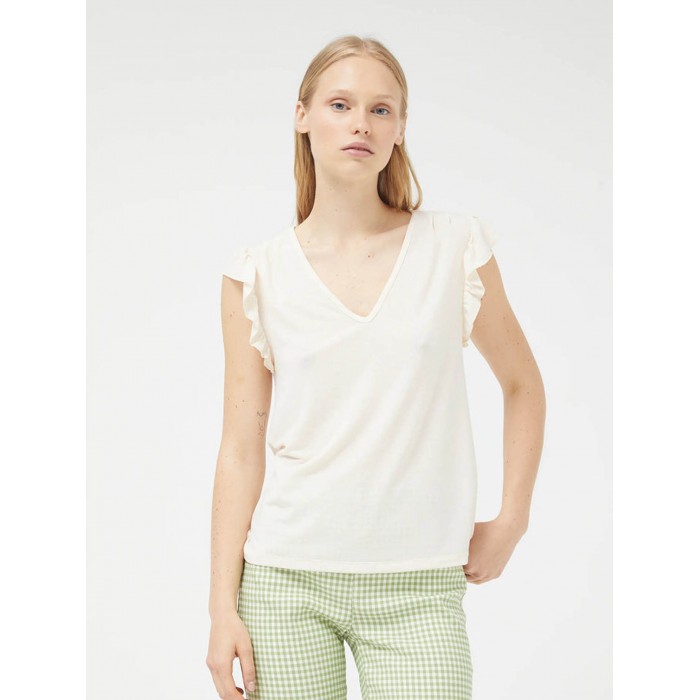 Top de mujer Voila. Colección SS24 Compañía Fantástica en candelascloset. Color crudo, escote pico y manga corta con volantes.