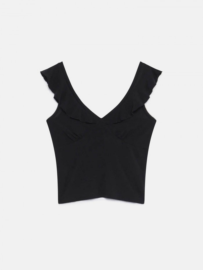 Top mujer Koko. Colección SS24 Compañía Fantástica en candelascloset. Color negro, tirantes con volantes y escote V. 2