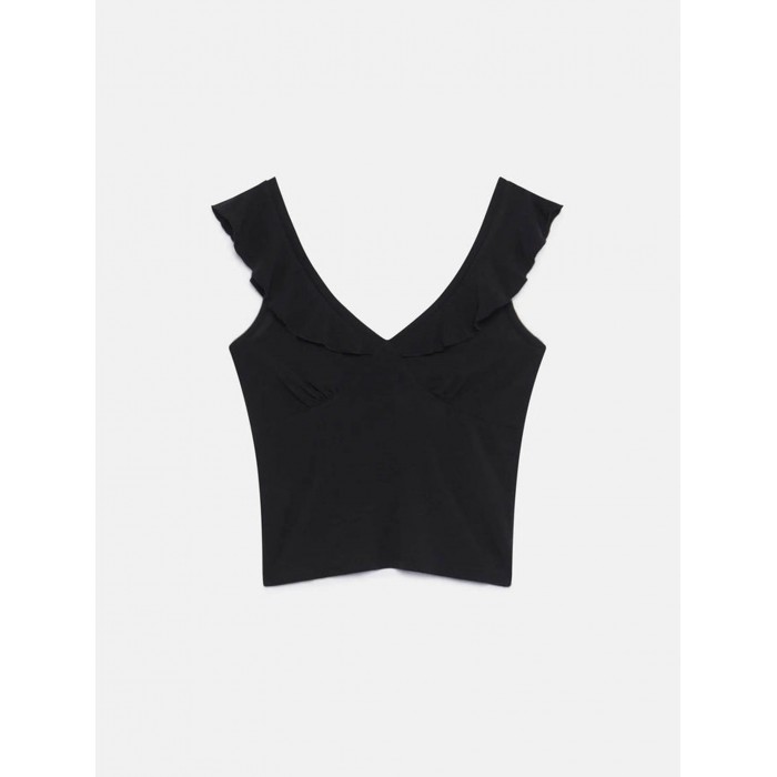 Top mujer Koko. Colección SS24 Compañía Fantástica en candelascloset. Color negro, tirantes con volantes y escote V.