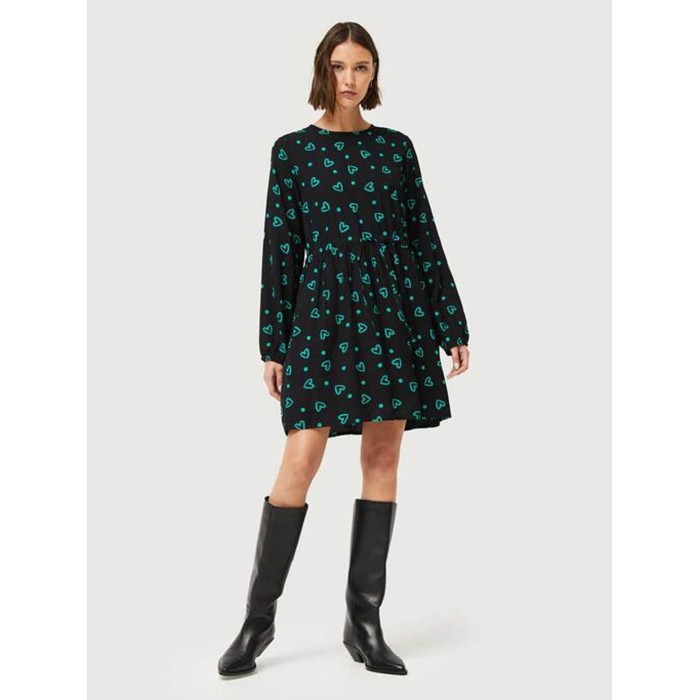 Vestido corto mujer Coeur. Colección AW24 Compañía Fantástica en candelascloset. Negro con estampado gráfico corazones verdes.