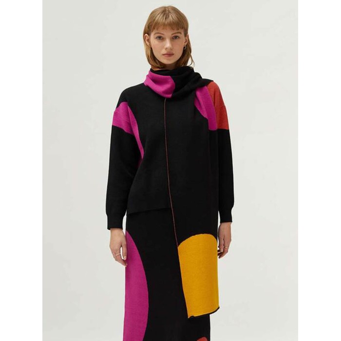 Bufanda mujer Circle. Accesorios AW24 Compañía Fantástica en candelascloset. Punto jacquard negro y estampado gráfico círculos.