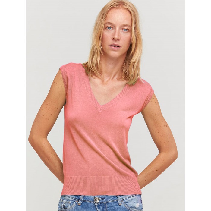 Top Sikar coral. Colección SS23 Aldomartins en candelascloset. Tejido liso de bambú y algodón en manga corta para mujer.