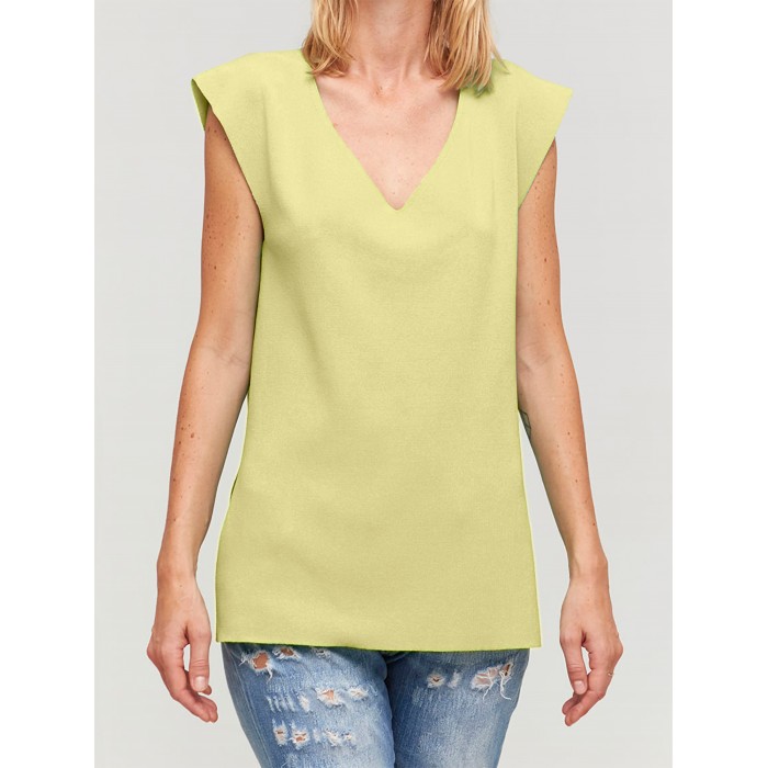 Top Ore lima. Colección SS23 Aldomartins en candelascloset. Tejido mezcla color lima, manga corta y escote pico para mujer.
