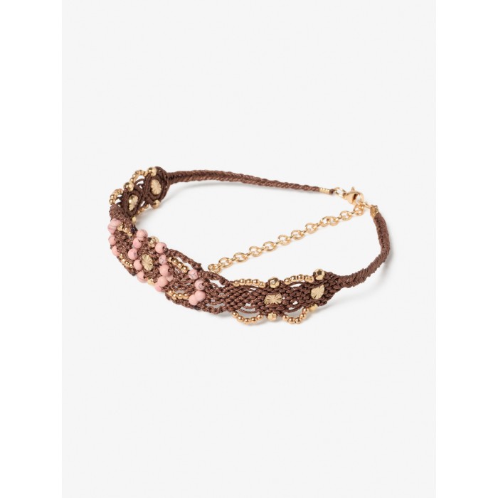 Gargantilla de mujer Gigo. Complementos AW23 NKN Nekane en candelascloset. Color marrón en hilo macramé con cuentas.
