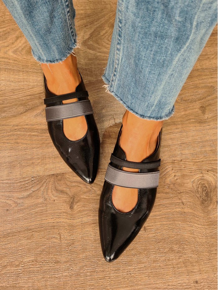 Bailarina Eclat. AW23 Calzado mujer candelascloset. Bailarina de piel brillo negro y tiras elásticas. Marca Kess. Made in Spain. 2